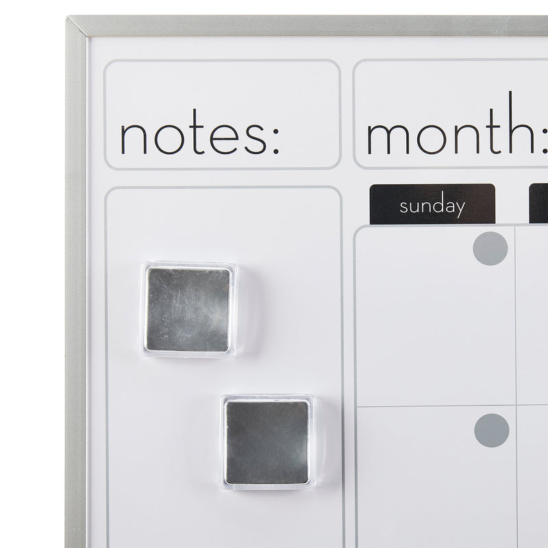 A Board Dudes Dry Erase Magnetic Calendar 16x20 INCH: Elevate Your Organizational Game with a section for notes and a calendar labeled "month:". Two magnets are placed in the notes section, while the calendar shows a grid with days of the week including Sunday.