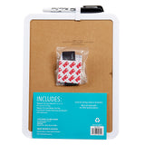 A Board Dudes Dry Erase Board 8.5x11 inches: Elevate Your Organizational Style with a black dry erase marker attached to the top, a packet labeled "VELCRO" on the board, and details about the inclusion of magnetic board, pen, eraser, tape, and magnets.