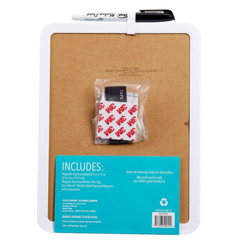 A Board Dudes Dry Erase Board 8.5x11 inches: Elevate Your Organizational Style with a black dry erase marker attached to the top, a packet labeled "VELCRO" on the board, and details about the inclusion of magnetic board, pen, eraser, tape, and magnets.