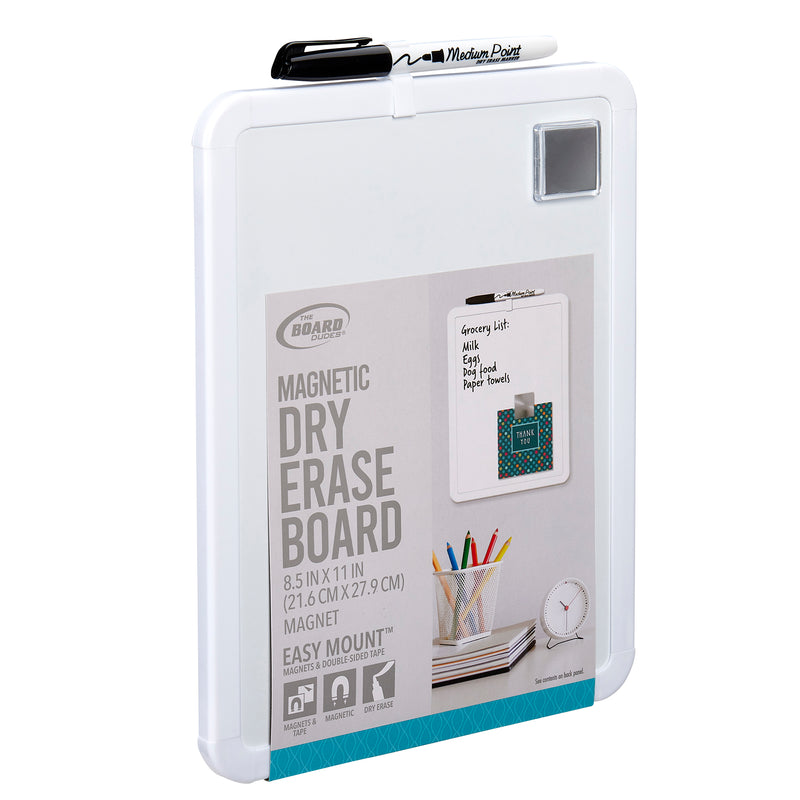 The Board Dudes Dry Erase Board 8.5x11 inches: Elevate Your Organizational Style comes with a black marker attached to the top and features a mounting system.