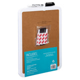 A Board Dudes Dry Erase Board 8.5x11 inches: Elevate Your Organizational Style with a cork back, packaged with mounting tape and markers, shown from the back with an instruction label.