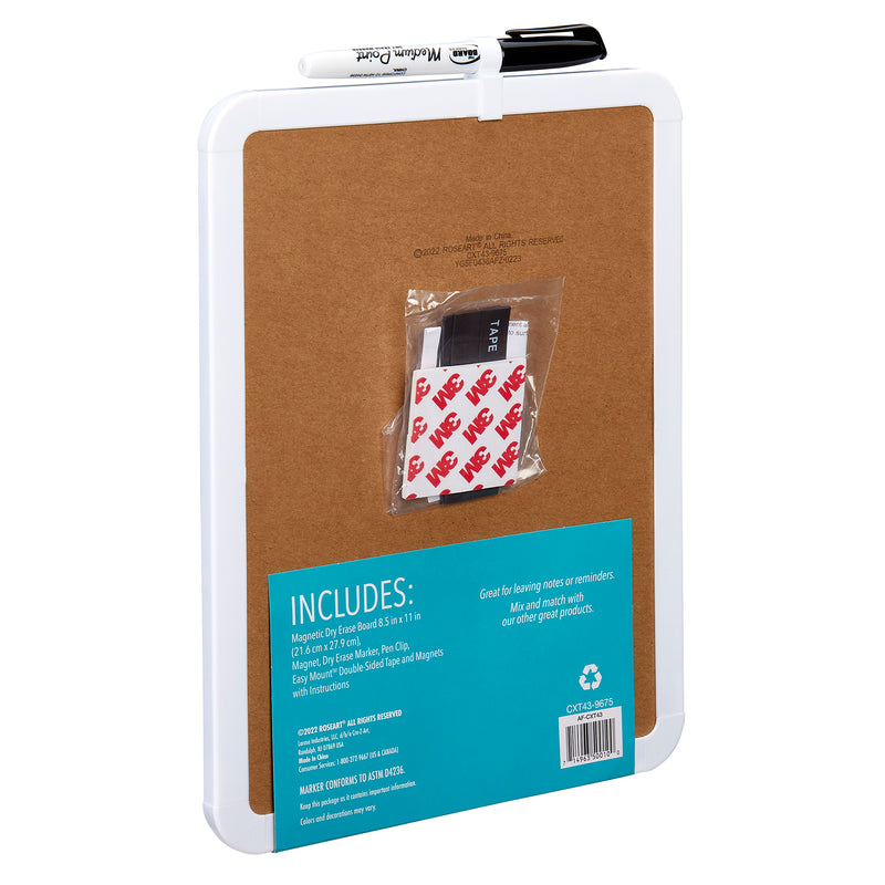 A Board Dudes Dry Erase Board 8.5x11 inches: Elevate Your Organizational Style with a cork back, packaged with mounting tape and markers, shown from the back with an instruction label.