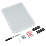 A Board Dudes Dry Erase Board 8.5x11 inches: Elevate Your Organizational Style kit with a marker, eraser, adhesive strips, magnets, and a mounting clip arranged around a whiteboard.