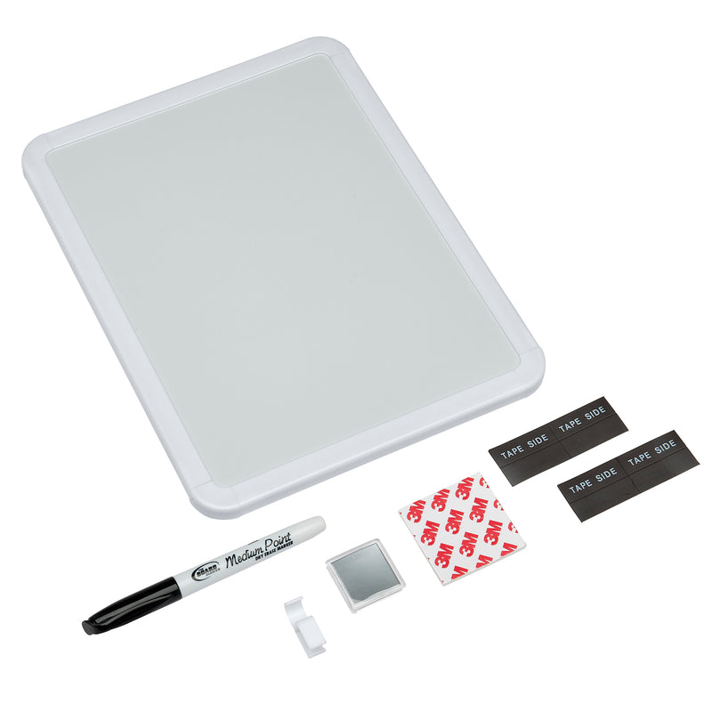 A Board Dudes Dry Erase Board 8.5x11 inches: Elevate Your Organizational Style kit with a marker, eraser, adhesive strips, magnets, and a mounting clip arranged around a whiteboard.