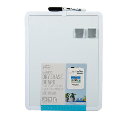 Image of a white Board Dudes Dry Erase Board 11x14 INCH: Elevate Your Organizational Style, shown with two magnets and a black marker attached at the top.