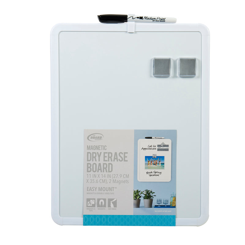 Image of a white Board Dudes Dry Erase Board 11x14 INCH: Elevate Your Organizational Style, shown with two magnets and a black marker attached at the top.