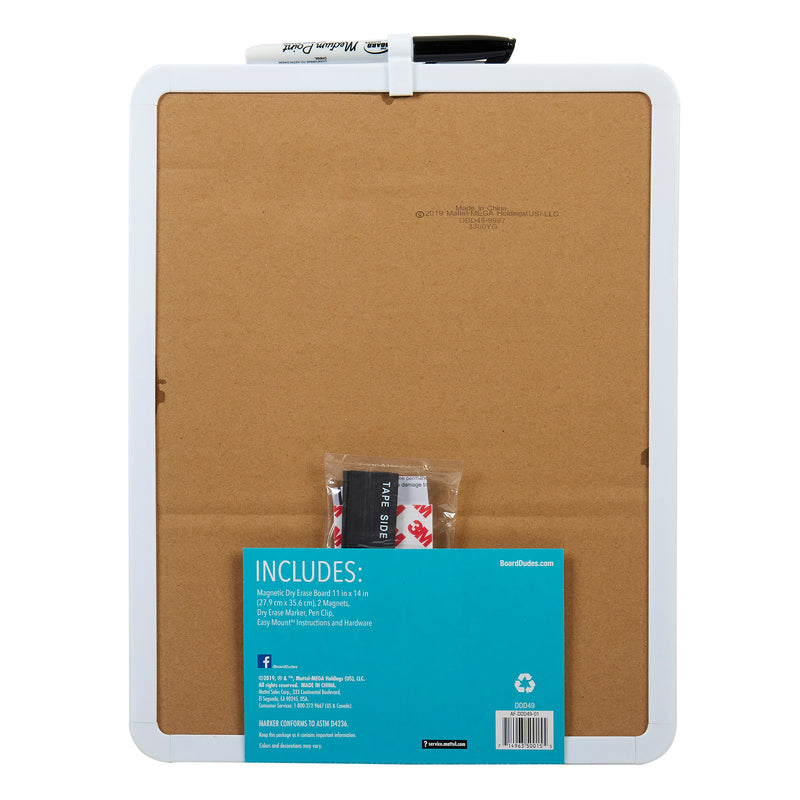 A Board Dudes Dry Erase Board 11x14 INCH: Elevate Your Organizational Style in packaging with the marker clipped to the top and installation accessories in a plastic pouch attached to the back.