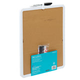 Small whiteboard with a marker and eraser attached at the top. A blue information card and a small Ziploc bag are attached to the back. Product Name: Board Dudes Dry Erase Board 11x14 INCH: Elevate Your Organizational Style