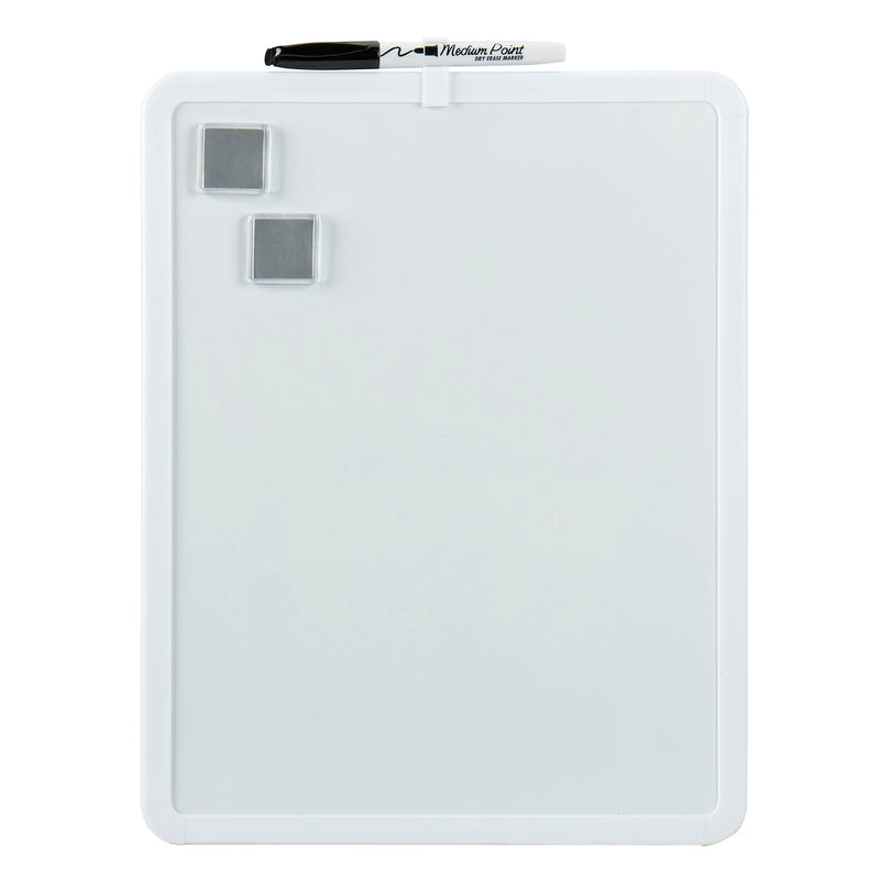 A Board Dudes Dry Erase Board 11x14 INCH: Elevate Your Organizational Style with two square magnets and a black marker attached to the top edge.