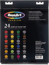 Back of RoseArt Premium Paint Set - 24 Count Acrylic Paints for Canvas, Wood, Ceramic and Fabrics - Craft Painting Supplies for Professional Artists box, displaying color swatches and product details, including the slogan "Since 1923," paint characteristics, and manufacturing information.
