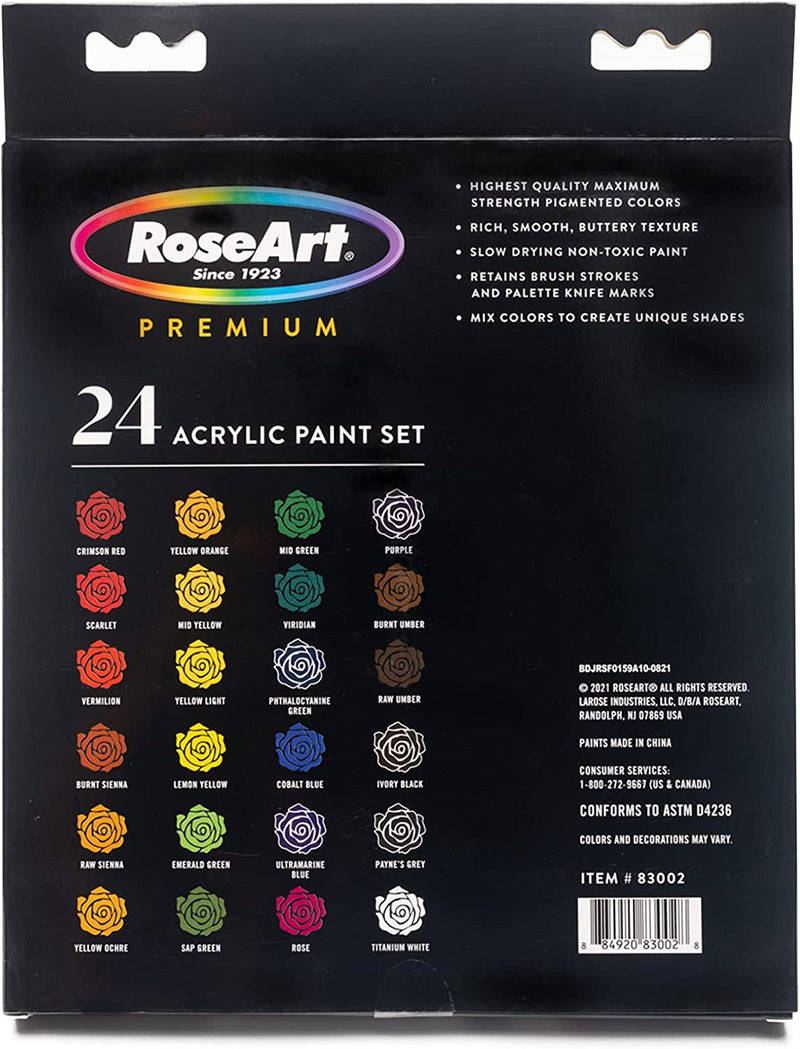 Back of RoseArt Premium Paint Set - 24 Count Acrylic Paints for Canvas, Wood, Ceramic and Fabrics - Craft Painting Supplies for Professional Artists box, displaying color swatches and product details, including the slogan "Since 1923," paint characteristics, and manufacturing information.