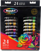 RoseArt Premium Paint Set - 24 Count Acrylic Paints for Canvas, Wood, Ceramic and Fabrics - Craft Painting Supplies for Professional Artists, displayed in black packaging featuring a colorful flower design and the label "Fine Art Quality." Non-toxic, suitable for various art projects.