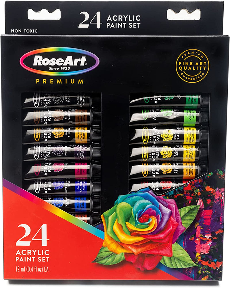 RoseArt Premium Paint Set - 24 Count Acrylic Paints for Canvas, Wood, Ceramic and Fabrics - Craft Painting Supplies for Professional Artists, displayed in black packaging featuring a colorful flower design and the label "Fine Art Quality." Non-toxic, suitable for various art projects.