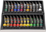 A box containing RoseArt Premium Paint Set - 24 Count Acrylic Paints for Canvas, Wood, Ceramic and Fabrics - Craft Painting Supplies for Professional Artists in various colors, organized in two rows, with each tube labeled with its respective color.