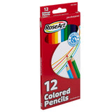 Box of RoseArt Premium Color Pencils 12 Count, featuring pre-sharpened, non-toxic pencils. The packaging is red with a white background and the label "Quality Guaranteed.