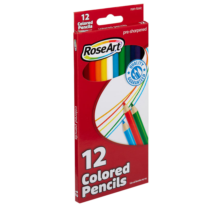 Box of RoseArt Premium Color Pencils 12 Count, featuring pre-sharpened, non-toxic pencils. The packaging is red with a white background and the label "Quality Guaranteed.