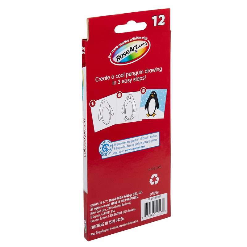 Back of a red colored pencil box with instructions for drawing a penguin in three steps. The text mentions "RoseArt Premium Color Pencils 12 Count" and shows the number 12 at the top. Recycling and safety symbols are displayed.
