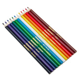 A set of RoseArt Premium Color Pencils 12 Count arranged in a row, featuring colors labeled as brown, red, red-orange, orange, yellow, yellow-green, green, blue, violet, black, white, and sky blue.