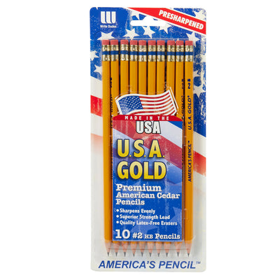 Package of 10 pre-sharpened USA Gold Yellow Pencil 10 Count with latex-free erasers. The packaging features an American flag design and text indicating they are made in the USA.