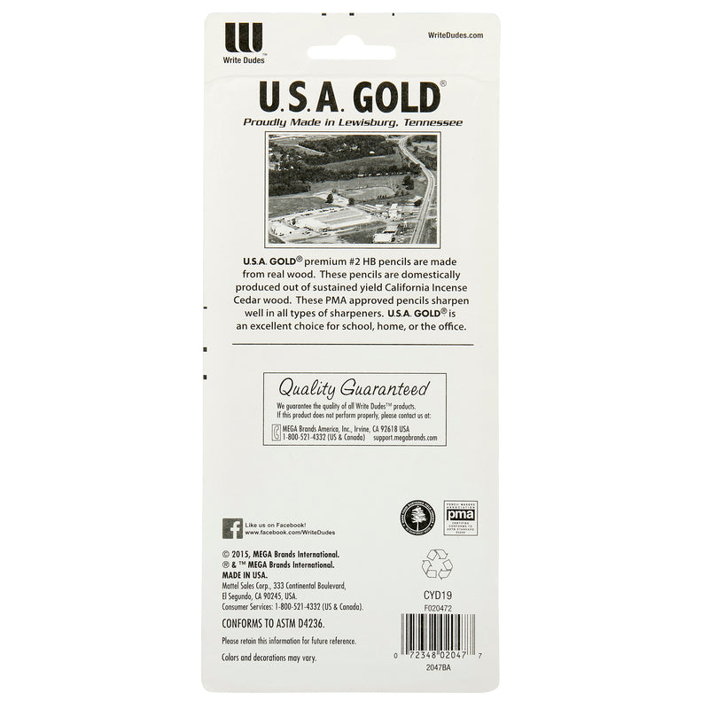 Back of a USA Gold Yellow Pencil 10 Count package detailing the product's features, including premium #2 HB pencils made from California Incense Cedar wood, PMA approval, and a quality guarantee.