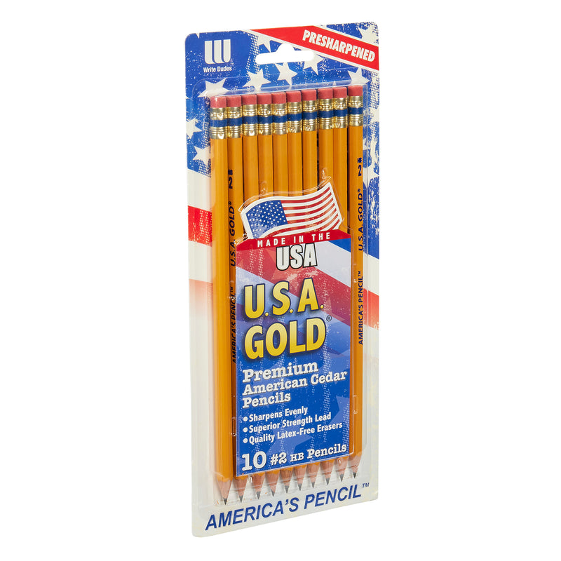A pack of 10 USA Gold Yellow Pencil 10 Count in yellow, featuring premium American cedar wood, pre-sharpened tips, and attached pink erasers. Packaging includes an American flag and highlights being made in the USA.