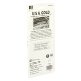 Back packaging of USA Gold Yellow Pencil 10 Count describing product quality, made from cedar wood, certified non-toxic. Contains contact information and manufacturing details with a small image of the production facility.