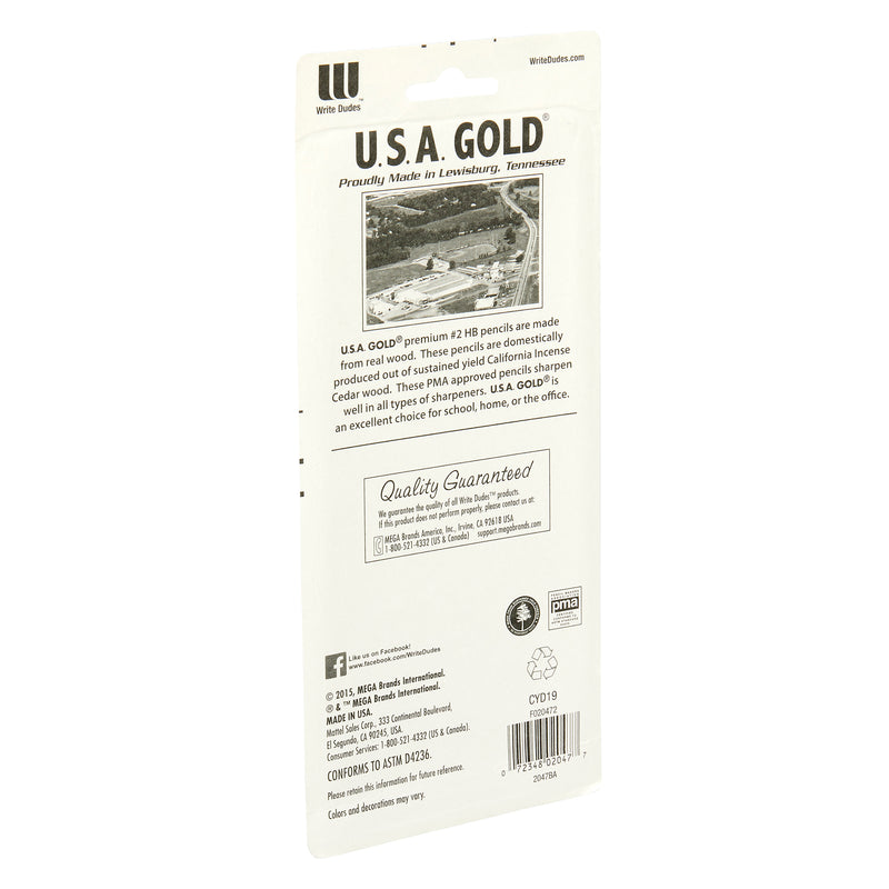 Back packaging of USA Gold Yellow Pencil 10 Count describing product quality, made from cedar wood, certified non-toxic. Contains contact information and manufacturing details with a small image of the production facility.
