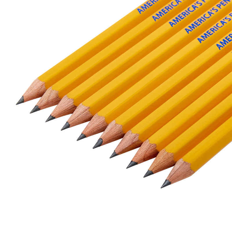 A set of ten sharpened yellow pencils aligned side by side, displaying the text "USA Gold Yellow Pencil 10 Count" on their sides.
