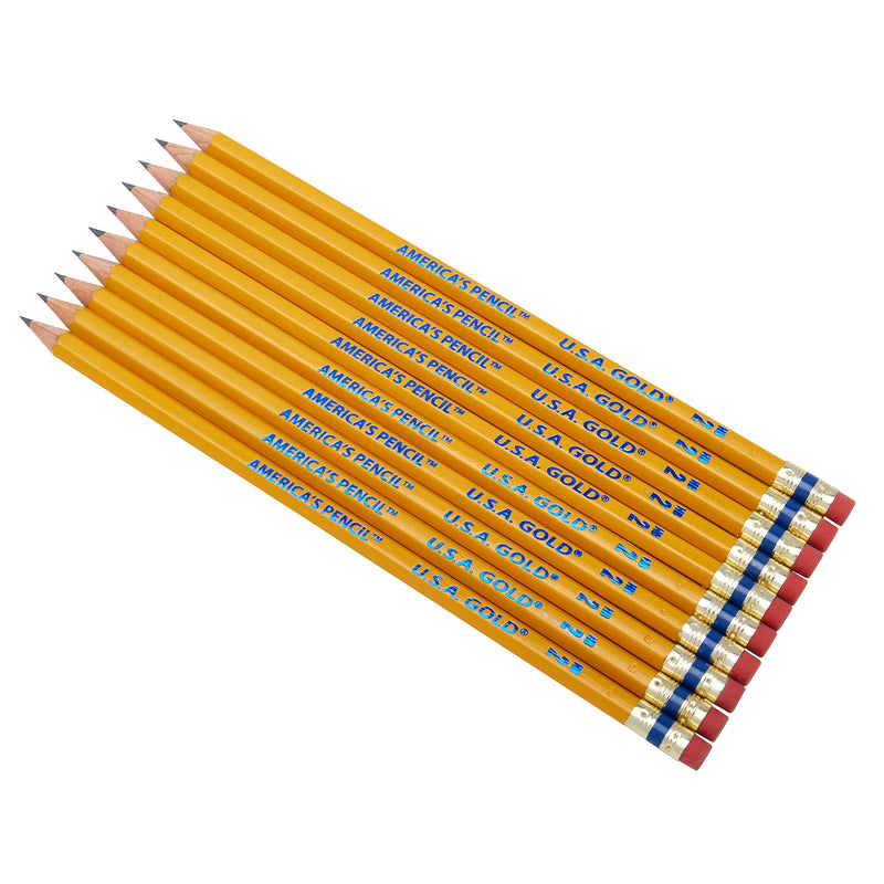A USA Gold Yellow Pencil 10 Count with blue text and red erasers arranged in a neat row.