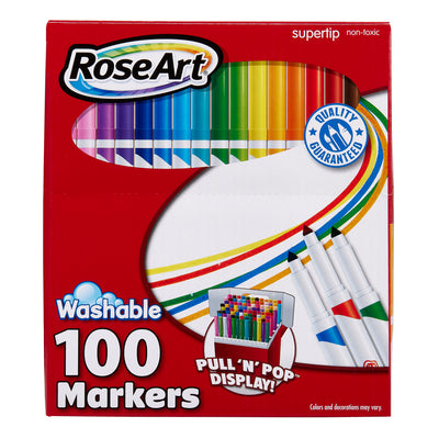 A red box of RoseArt 100 Pack Washable Super Tip Markers: Palette of 100 Vibrant Colors & Versatile Creativity containing 100 supertyip non-toxic markers in various colors, with pull-tab display and quality guaranteed seal.