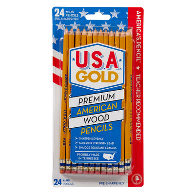 Packaging for USA Gold Yellow Pencil Sharpen 24 Count. A red banner on the right states "Teacher Recommended." Proudly made in Tennessee.