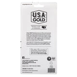 Back packaging of USA Gold Yellow Pencil Sharpen 24 Count, highlighting that they are made in Tennessee. Text mentions quality guarantees, materials used, and compliant standards. Includes a map of the United States.
