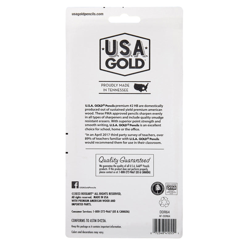 Back packaging of USA Gold Yellow Pencil Sharpen 24 Count, highlighting that they are made in Tennessee. Text mentions quality guarantees, materials used, and compliant standards. Includes a map of the United States.