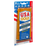 A pack of USA Gold Yellow Pencil Sharpen 24 Count, featuring smudge-resistant erasers with HB hardness. The pencils are yellow with a silver ferrule and an eraser on each end.