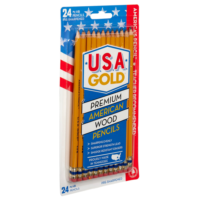 A pack of USA Gold Yellow Pencil Sharpen 24 Count, featuring smudge-resistant erasers with HB hardness. The pencils are yellow with a silver ferrule and an eraser on each end.