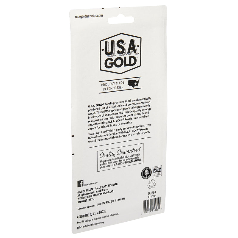 Back of a USA Gold Yellow Pencil Sharpen 24 Count package displaying product description, manufacturing details, and quality guarantee in black text on a white background.