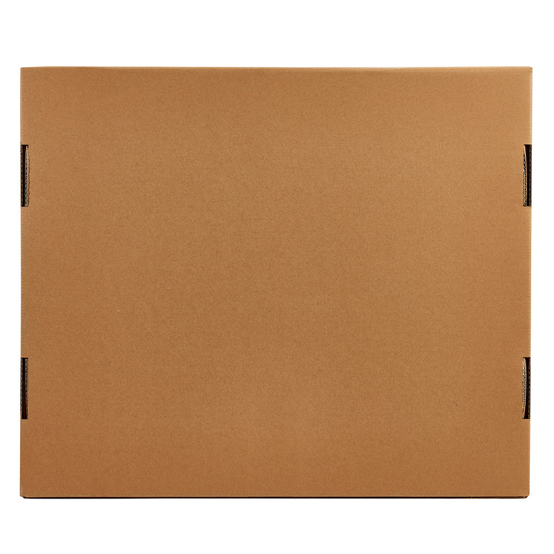 A closed, plain cardboard box with visible flaps and seams on a white background, labeled RoseArt My Room's Table & Chairs: Stylish Real Wood Furniture for Creative Spaces.