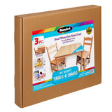 Brown cardboard packaging showing an image of a wooden table and two chairs. The box is for a RoseArt My Room's Table & Chairs: Stylish Real Wood Furniture for Creative Spaces, suitable for ages 3 and up. Brand: RoseArt.