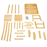 Disassembled wooden parts and a packet of screws are laid out, ready for assembly. The components appear to form RoseArt My Room's Table & Chairs: Stylish Real Wood Furniture for Creative Spaces.