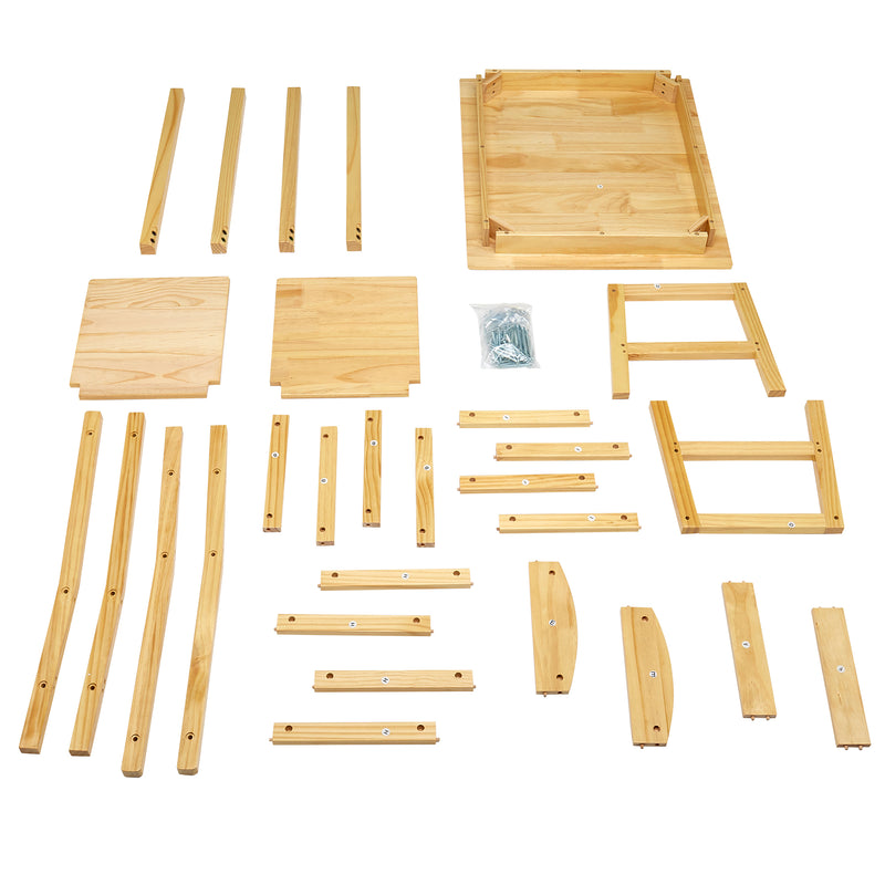 Disassembled wooden parts and a packet of screws are laid out, ready for assembly. The components appear to form RoseArt My Room's Table & Chairs: Stylish Real Wood Furniture for Creative Spaces.
