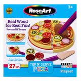 Box of RoseArt Top 'N Serve Pizza: Real Wood Playset for Culinary Creativity for ages 3 and up. Includes 27 pieces, real wood components, and promotes STEM & ASMR activities.