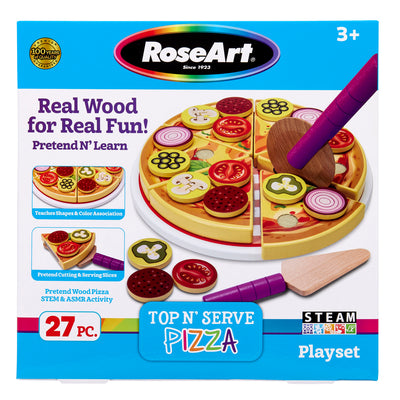 Box of RoseArt Top 'N Serve Pizza: Real Wood Playset for Culinary Creativity for ages 3 and up. Includes 27 pieces, real wood components, and promotes STEM & ASMR activities.