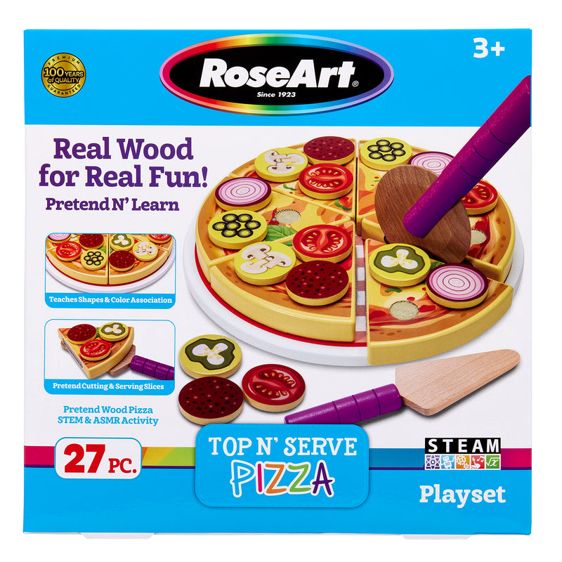 Box of RoseArt Top 'N Serve Pizza: Real Wood Playset for Culinary Creativity for ages 3 and up. Includes 27 pieces, real wood components, and promotes STEM & ASMR activities.