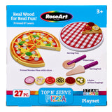 Box containing a playset titled "RoseArt Top 'N Serve Pizza: Real Wood Playset for Culinary Creativity" by RoseArt. Includes a wooden pizza with six slices, 18 toppings, a serving tray, cutter, and server. Designed for children ages 3 and up.