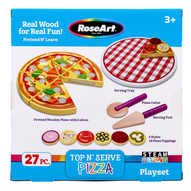 Box containing a playset titled "RoseArt Top 'N Serve Pizza: Real Wood Playset for Culinary Creativity" by RoseArt. Includes a wooden pizza with six slices, 18 toppings, a serving tray, cutter, and server. Designed for children ages 3 and up.