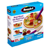 Kids' wooden pizza playset box labeled "RoseArt Top 'N Serve Pizza: Real Wood Playset for Culinary Creativity - 27 Pieces." The box features images of the playset, emphasizing real wood material and educational STEM and ASMR activity benefits.