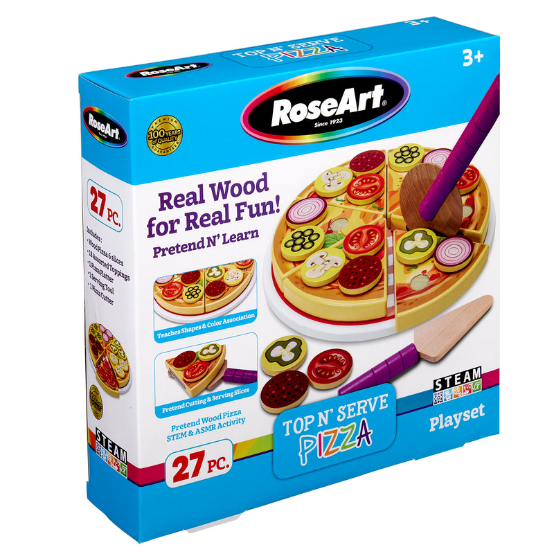 Kids' wooden pizza playset box labeled "RoseArt Top 'N Serve Pizza: Real Wood Playset for Culinary Creativity - 27 Pieces." The box features images of the playset, emphasizing real wood material and educational STEM and ASMR activity benefits.