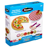 A playset box labeled "RoseArt Top 'N Serve Pizza: Real Wood Playset for Culinary Creativity" containing 27 pieces, including a pretend wooden pizza, various toppings, a serving tray, pizza cutter, and serving tool. Suitable for ages 3+.