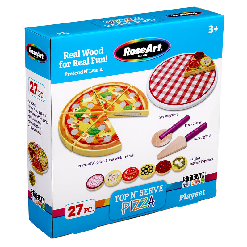 A playset box labeled "RoseArt Top 'N Serve Pizza: Real Wood Playset for Culinary Creativity" containing 27 pieces, including a pretend wooden pizza, various toppings, a serving tray, pizza cutter, and serving tool. Suitable for ages 3+.