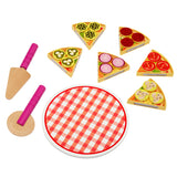 A RoseArt Top 'N Serve Pizza: Real Wood Playset for Culinary Creativity with a red and white checkered plate, six pizza slices with various toppings, a wooden pizza cutter, and a wooden server.